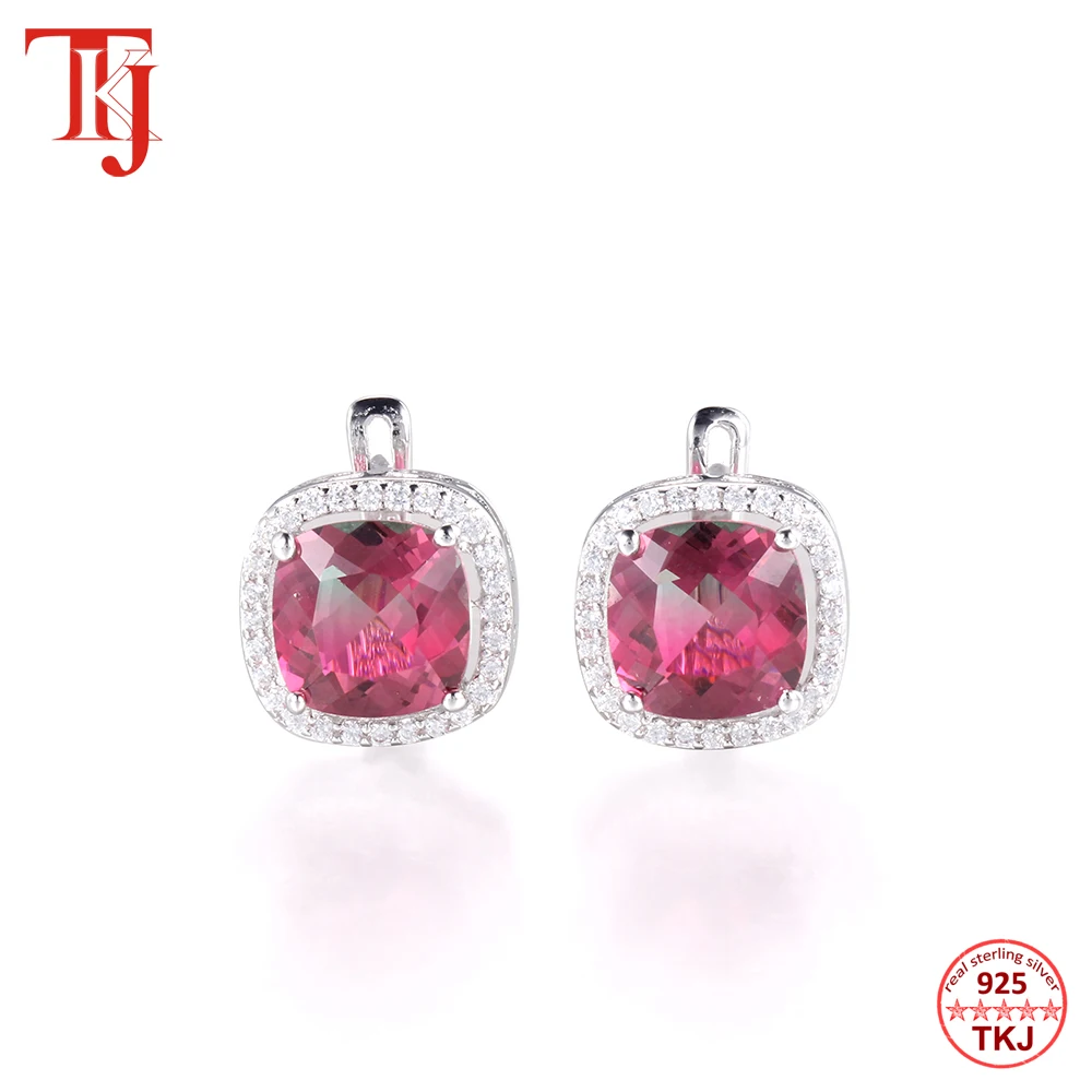 

TKJ 925 Sterling Silver Stud Earrings Cubic Zirconia Tourmaline Stone Earrings For Women Girls Wedding Party Anniversary Jewelry