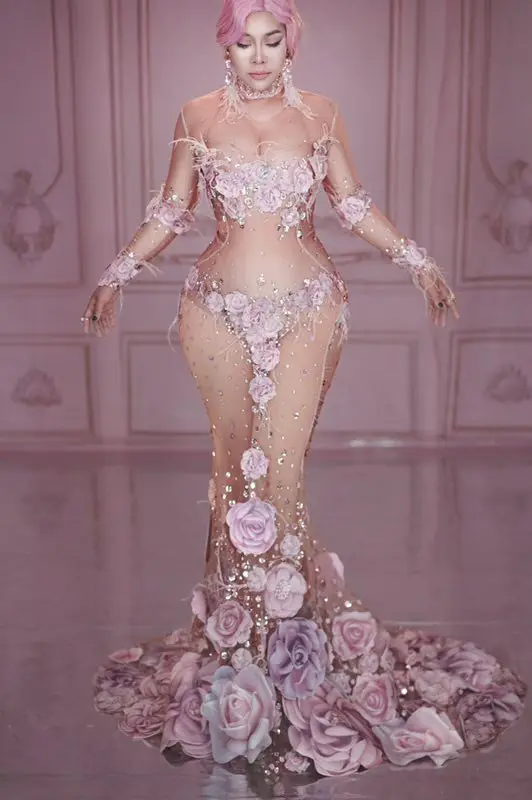 

Pink Flowers Rhinestones See Through Trailing Dress Evening Party Stars Singer Catwalk Long Dress Birthday Celebration Costume