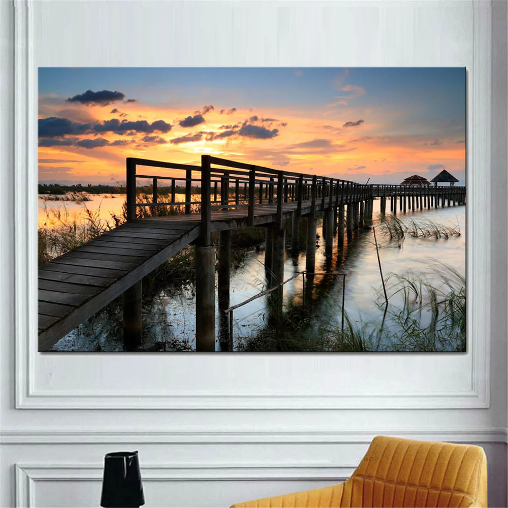 

Modern Wall Art Landscape Canvas Print Painting Wooden Walkway in the Sunset Poster Dusk Seascape Artwork Scenery Decor Picture