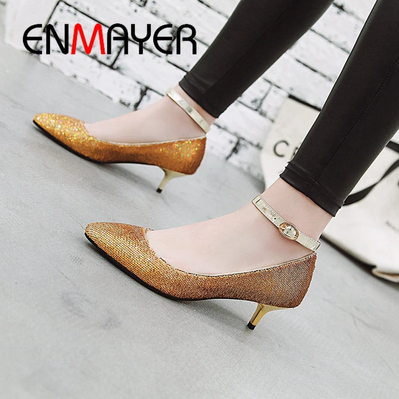 

ENMAYER 2019 Med High Basic Women Shoes Pointed Toe Party Buckle Strap Women Spring/autumn Fashion Shoes Size 34-43 LY1728