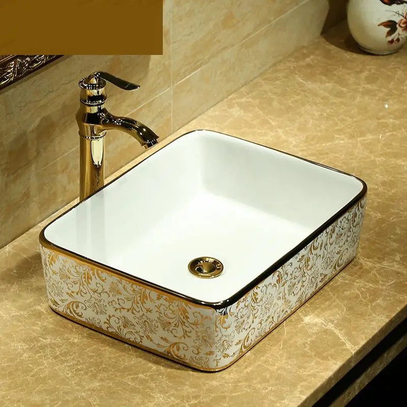 European Gold Platform Wash Basin Rectangular Ceramic Art Bathroom Sink Basin ceramic bathroom
