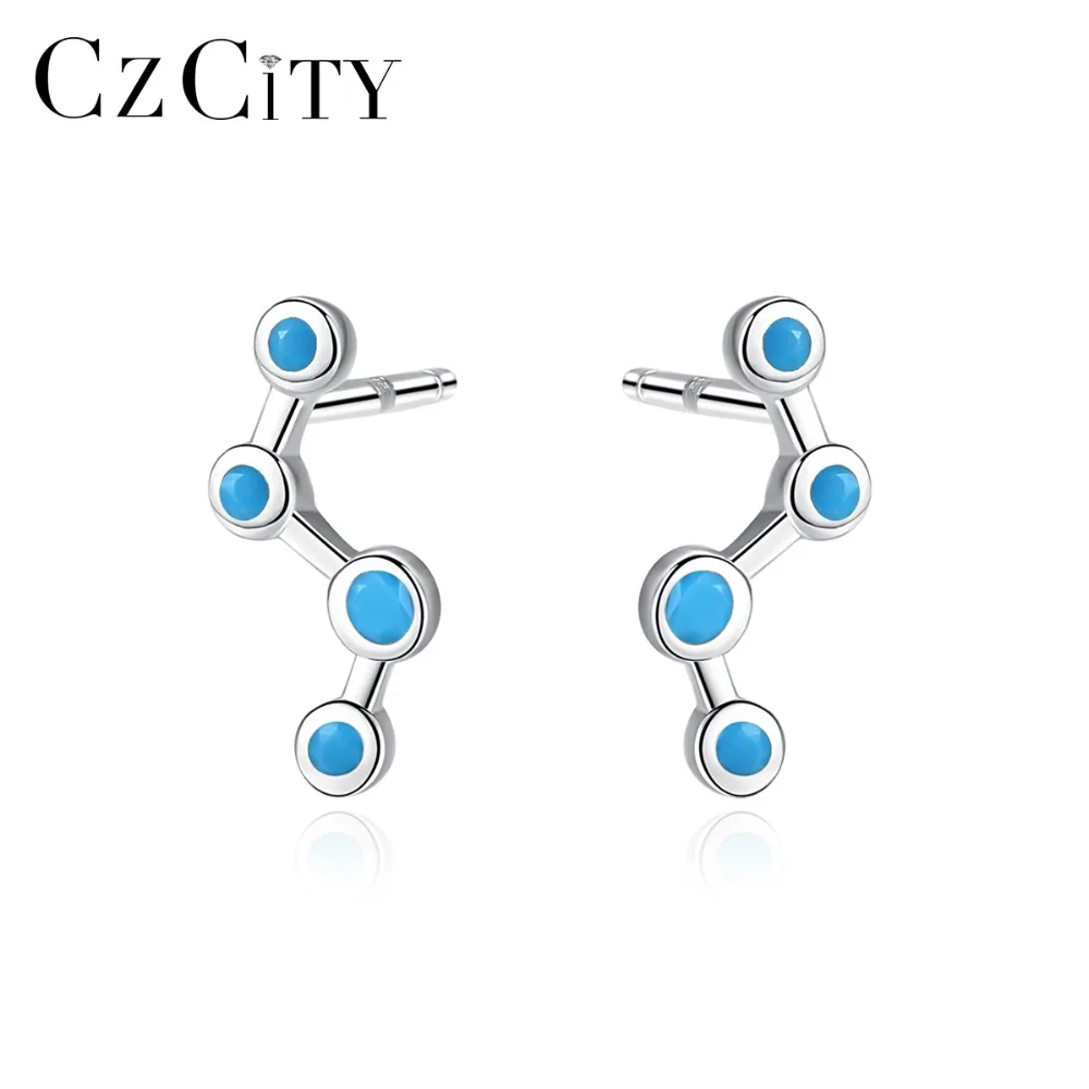 

CZCITY Korean 925 Sterling Silver Small Blue Cubic Zircon Stud Earrings for Women Fashion Geometric Line Earrings Fine Jewelry