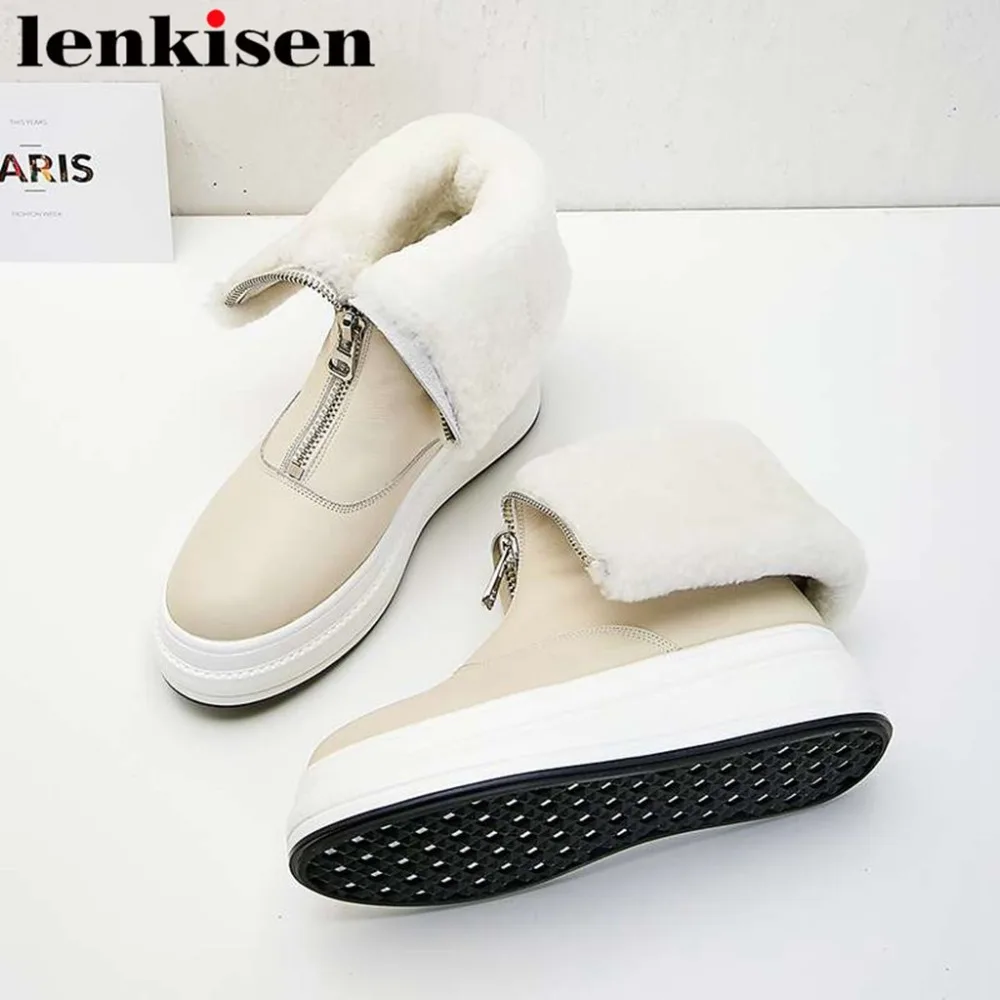 

Lenkisen novelty design cow leather zipper luxury wool platform round toe thick med bottom european superstars snow boots L2f2