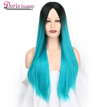 Doris beauty Ombre длинный прямой черный бирюзовый зеленый парик для женщин со средней частью Синтетический Косплей Термостойкое волокно