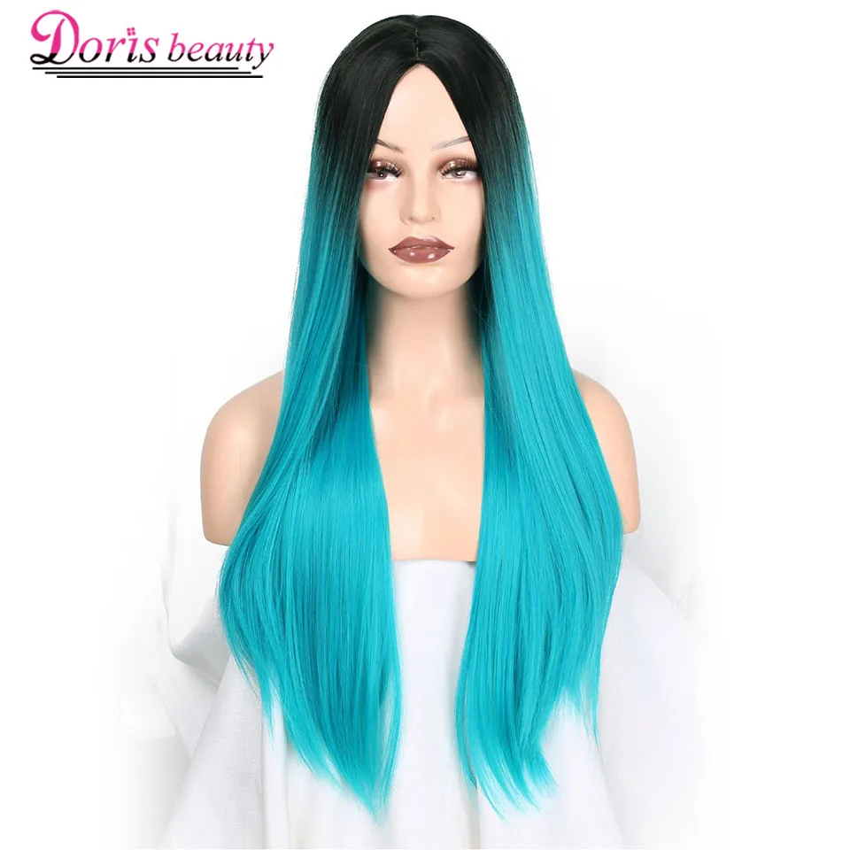 

Doris beauty Ombre Long Straight Black to Teal Green Wig for Women with Middle Part Synthetic Cosplay Heat Resistant Fiber