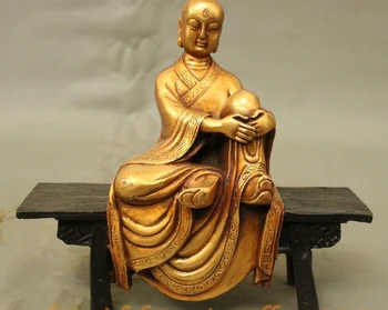 

8 Folk Chinese Bronze Gilt 3 Eyes TangSeng Kshitigarbha Sit On The Bench Statue