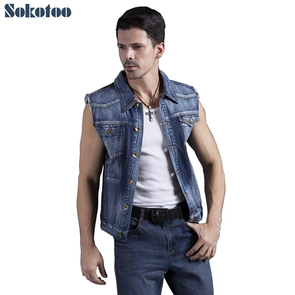 Sokotoo Men's sleeveless denim vest Turn down collar slim tank top