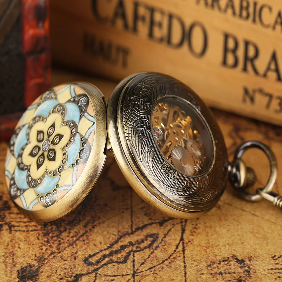 Steampunk Crystal Flower Mechanical Pocket Watch Skeleton Roman Numbers Cooper Vintage Hnad Wind Watches With 30cm Chian (10)