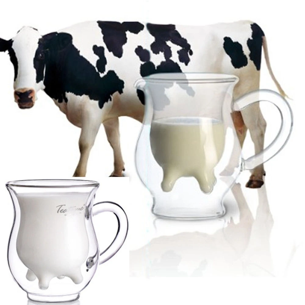 

400ml Double Wall Milk Glass Cup Creative Cow Glass Morning Tea Cup Juice Water Coffee Mug Funny Kitchen Drinkware