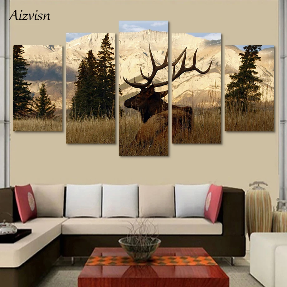 

Aizvisn 5 Piece Mountain Bull Elk Pictures Animal Posters Canvas HD Prints Paintings Wall Art Frame For Living Room Home Decor