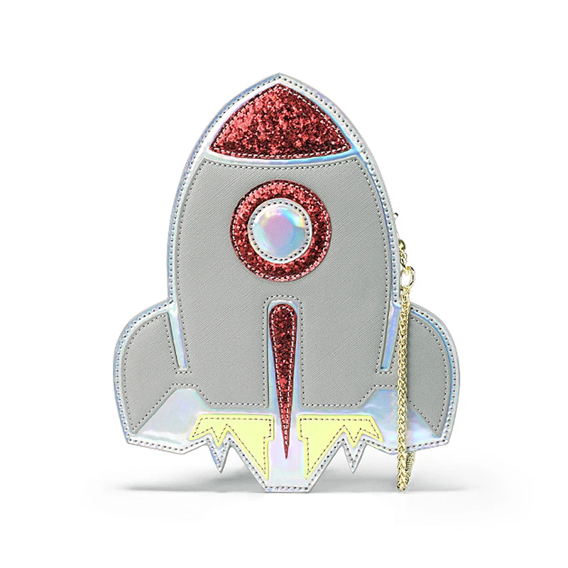 New Fashion personality cute unique rocket shape laser mini flap shoulder bag clutch wallet phone package