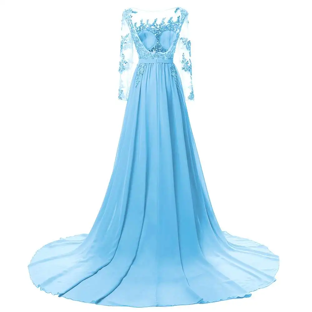 CEEWHY, синее сексуальное шифоновое вечернее платье с вышивкой и открытой спиной, платье для выпускного вечера с длинным рукавом и шлейфом для беременных женщин, Robe de Soiree - Цвет: light blue backless
