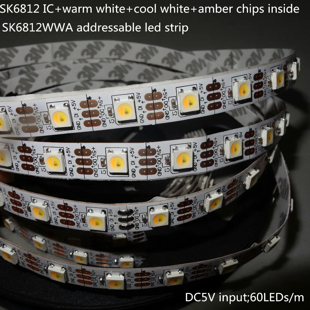 SK6812WWA (SK6812 IC + теплый белый + холодный белый + Янтарная крошка внутри) СИД адресуемых полосы; 60 светодиодов/м; не водонепроницаемый; 4 м Длинные;