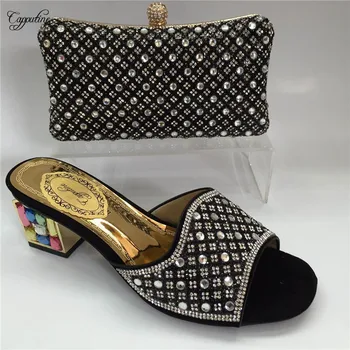 

New arrival black slipper shoes with bag high heel sandal shoes and evening handbag set with shinning stones GY14
