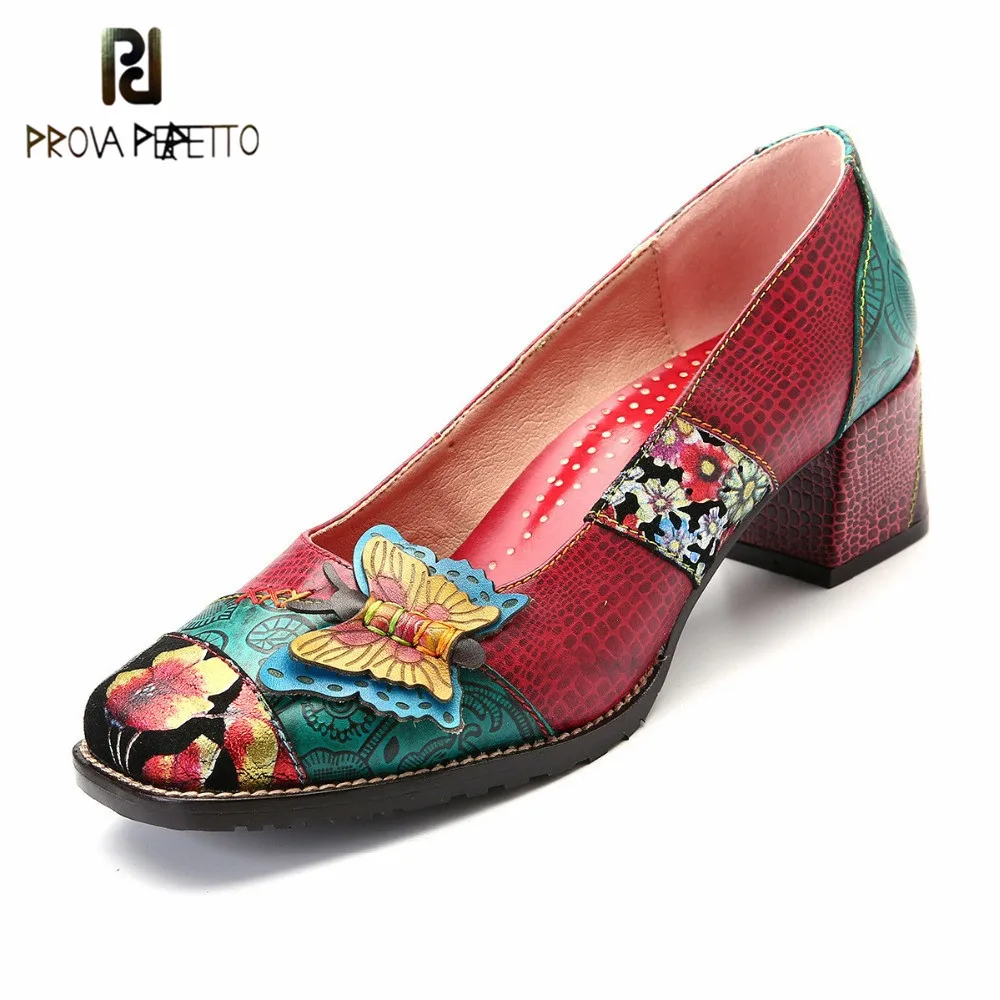 

Prova perfetto Europe Popular Woman Pumps Low Heels Slip-on Genuine Leather Flower Print Colorful Casual Women Single Shoes