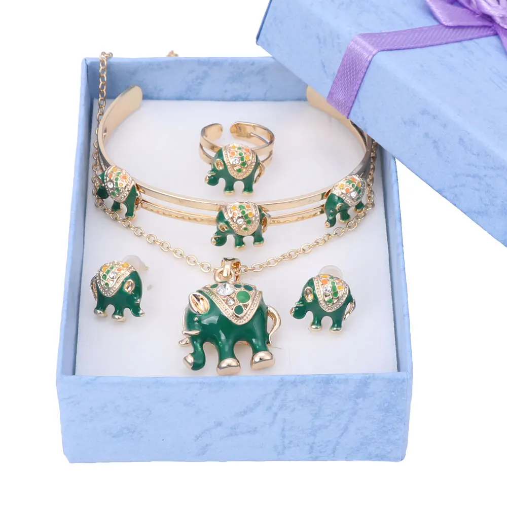 Золотой цвет милый слон дети ювелирные изделия Детские ювелирные наборы дети ожерелье браслет серьги кольцо набор+ подарочная коробка - Окраска металла: Green1