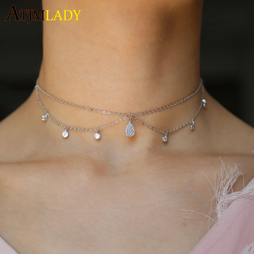 

elegant women summer charm choker chain double layer tassel cz charm 925 sterling silver 33+7 chocker charming necklace jewelry