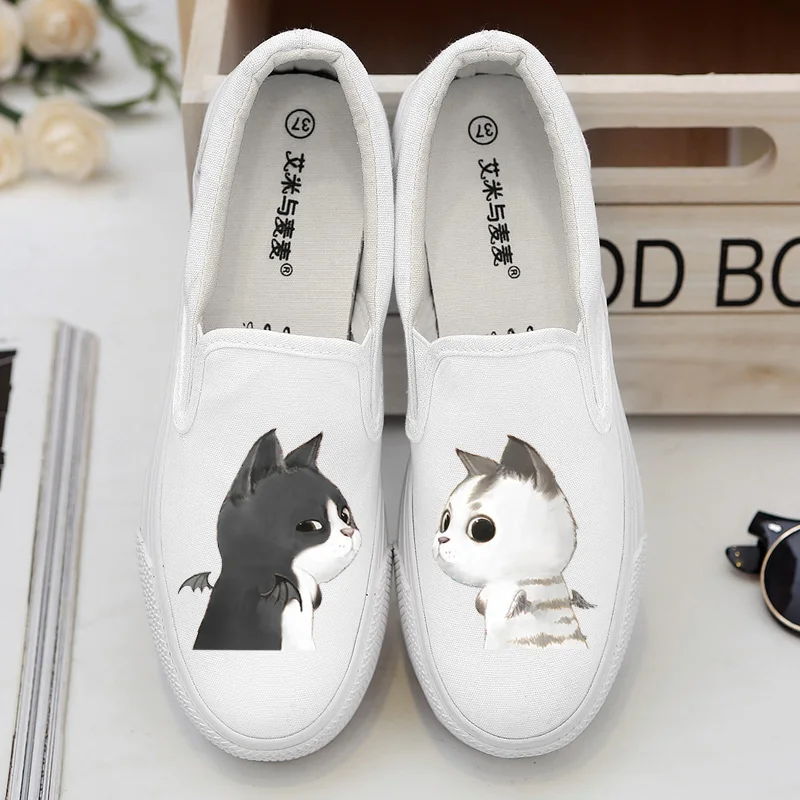 

Slip on Autumn Platform Shoes for Women 2018 Cat Print Women's Canvas Shoes Cartoon White Loafers Ladies Creepers