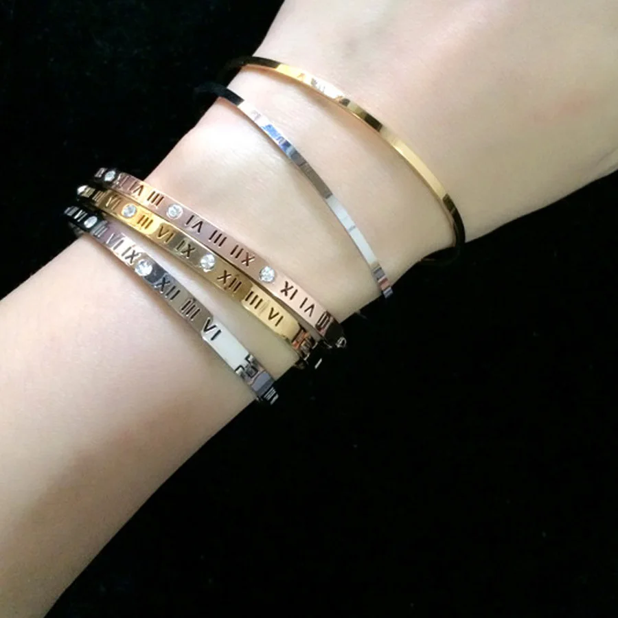 

2018 New Titanium Steel Rose Gold Rome Number Bracelets Jewelry for Women Men Lover Bangle Bracelets Pulseiras Bangles A0093