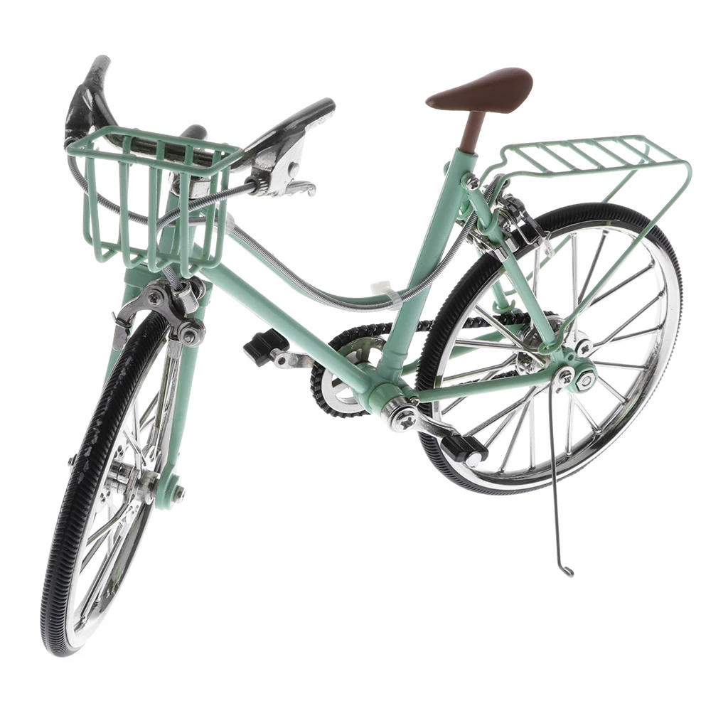 1/10 Mini Green Bike Alloy Diecast Models Bicycle with Basket & Seat Replica Toy