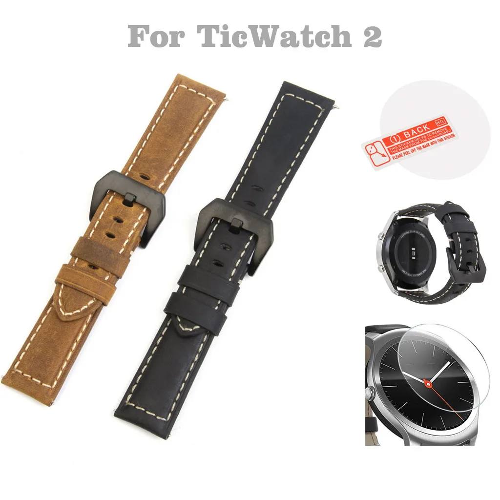 

For TicWatch 2 Leather Strap Replacement Band+Tempered Glass Screen Protector Replacement Bracelet Strap Band#20