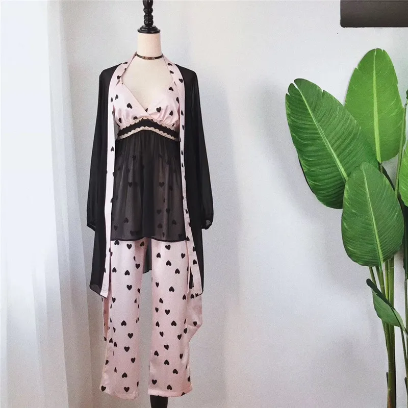 

Woman Fashion Spring Pajamas Set 3 Pieces Satin Faux Silk Pajamas