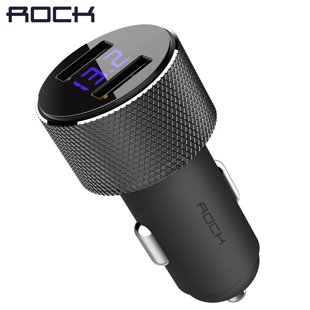 Rock شاشة lcd الرقمية المزدوجة usb شاحن سيارة ، 3.4a العالمي led 2 usb شاحن سيارة محول للهواتف ل اللوحي