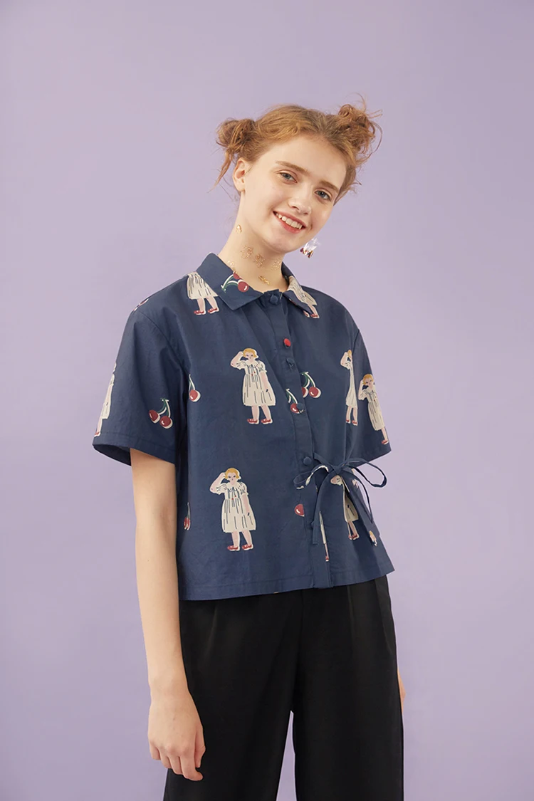 Летняя новинка, оригинальная модная женская шифоновая блузка для девочек, женская рубашка с принтом, топы на шнуровке, с карманом, короткий рукав, Свободный Топ, кимоно
