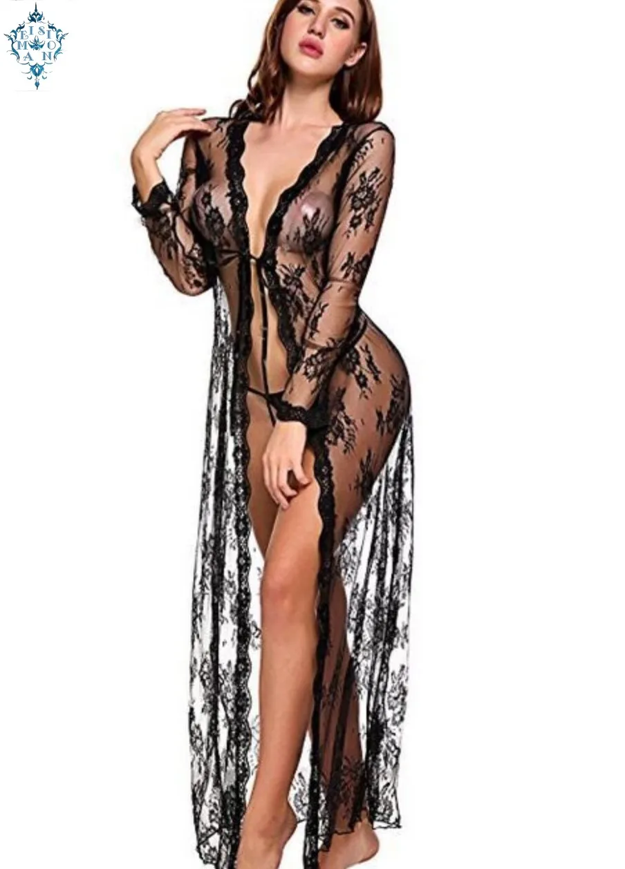 

Ameision Women's Lace Bathrobe Sexy Dress Bohemian V - neck front Slit long sleeve midnight charm tulle Illusion nightgown dress
