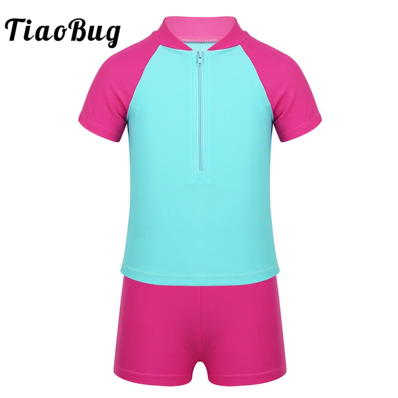 

TiaoBug Kids Girls Two-piece Tankini Swimsuits Bathing Suit Rash Guard Children Short Sleeves Swim Tops with Shorts Set Swimwear