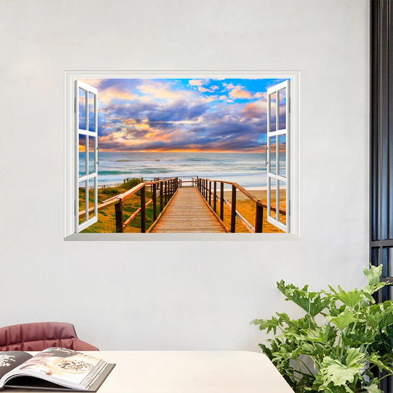 3D окна вид море пляж наклейки на стену для домашнего декора гостиной ПВХ