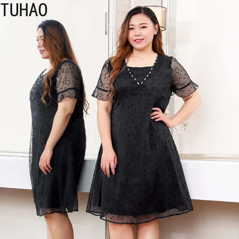 

TUHAO Summer Fashion Runway Black Dress Big Sizes 10XL 9XL Knee Length Star Elegant Party Dresses Plus Size Women's Dresses MS05