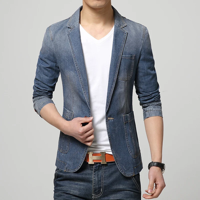 M-3XL Для мужчин Denim Blazer куртки Для мужчин пиджак Slim Fit Terno Blaser Masculino Jaquetas Для мужчин Костюмы Блейзер человек джинсы пальто - Цвет: Небесно-голубой