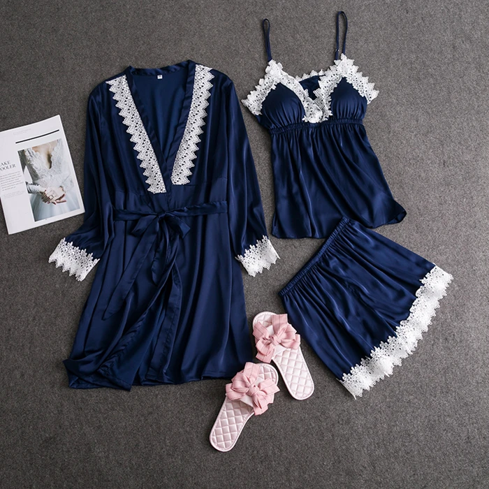 Набор свадебных халатов для невесты и подружки невесты, летняя атласная ночная рубашка из вискозы, кимоно, 3 штуки, кружевной сексуальный костюм для сна, ночная рубашка, M-XL