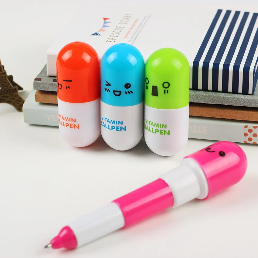 NEW 1x Vitamin Capsule Ball Pen Stationery Cute Smiling Face Point Telescopic 