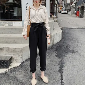 

2019 Spring Summer High Waist Pockets Suit Pants Loose Elegant Lace Up Solid Long Trousers Ankle-Length Pencil Pants