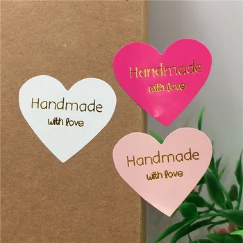 

Golden Handmade With Love Colorful Stickers Lovely Pink Rose Red Labels For Candy Toy Case Sealing Stickers 3.2x2.8cm 100Pcs/Lot