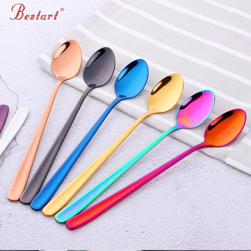 Beste 8 PCS Rainbow Lange Steel 304 Roestvrij Staal Koffie Lepel Mengen Lepels set fruit Ijs Dessert Thee Lepels Drinken gereedschap