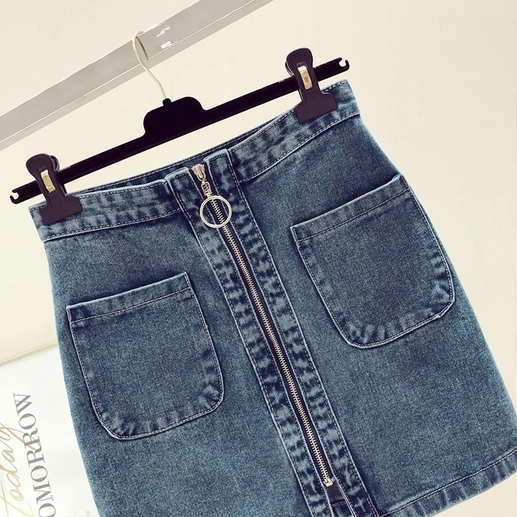 Новая модная повседневная Корейская Высокая талия на молнии с карманами для студентов, короткая джинсовая мини-юбка трапециевидной формы в стиле Callege, джинсы Saia 50