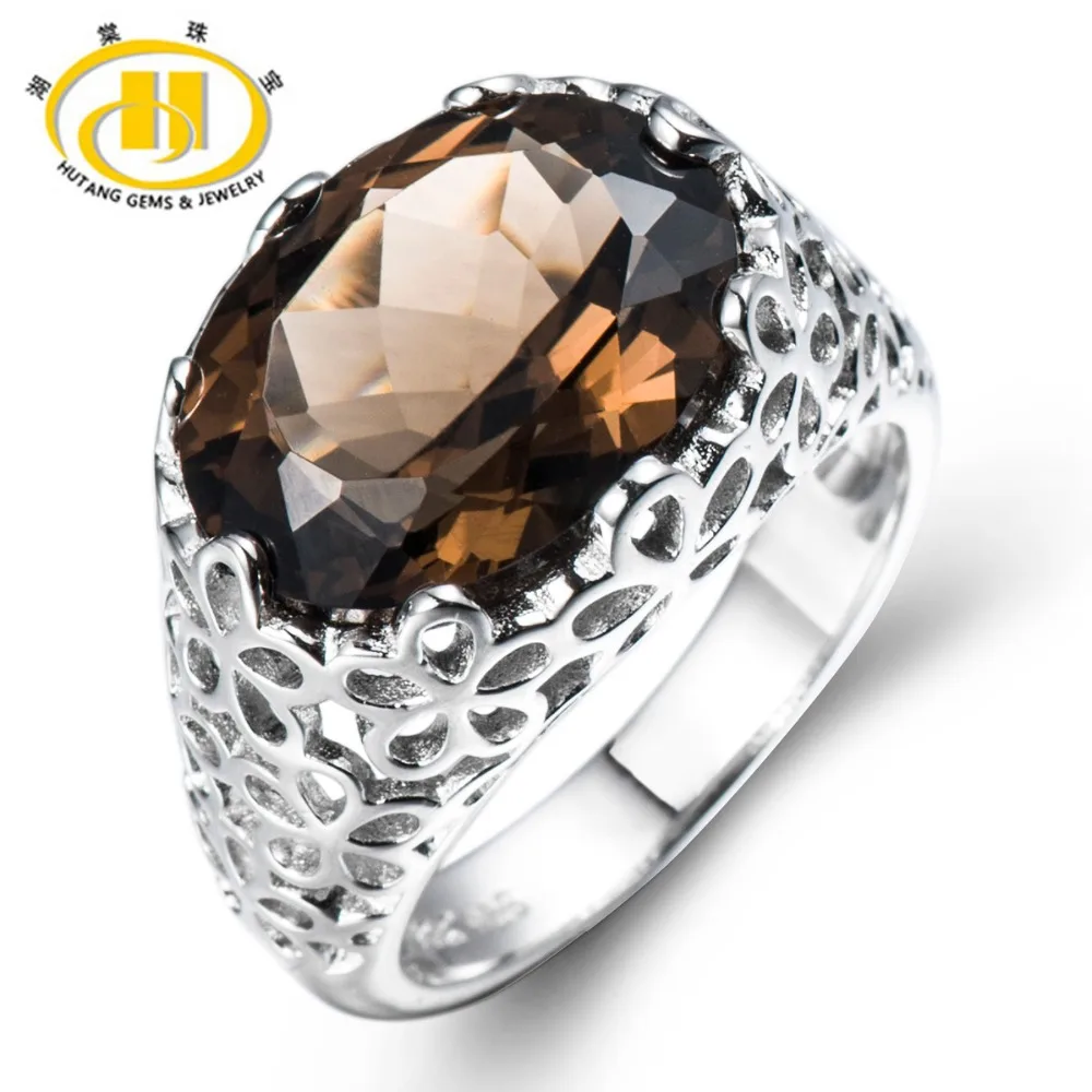 

Hutang Fashion Huge Natural Smoky Quartz Filigree Cocktail Rings Solid 925 Sterling Silver Gemstone Fine Jewelry For Women Ring