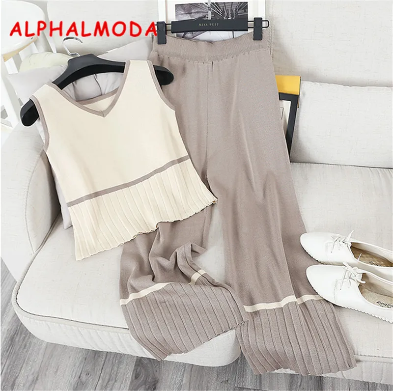 Beste ALPHALMODA 2018 Zomer Britse Stijl Mouwloze Gebreide Tank Top + Kalf lengte Wijde Pijpen Broek Vrouwen 2 stks Casual gebreide Sets