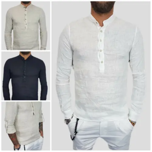 

2019 Linen Cotton Shirts Mens Mandarin Collar Slim Plain Basic Casual Shirts