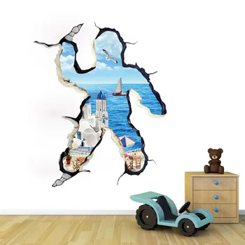 

8011 Human Shape Creative 3D Break Wall Want to Travel Aegean Sea Scenery Windows Wall Sticker Living Room Bedroom Wall Sticker