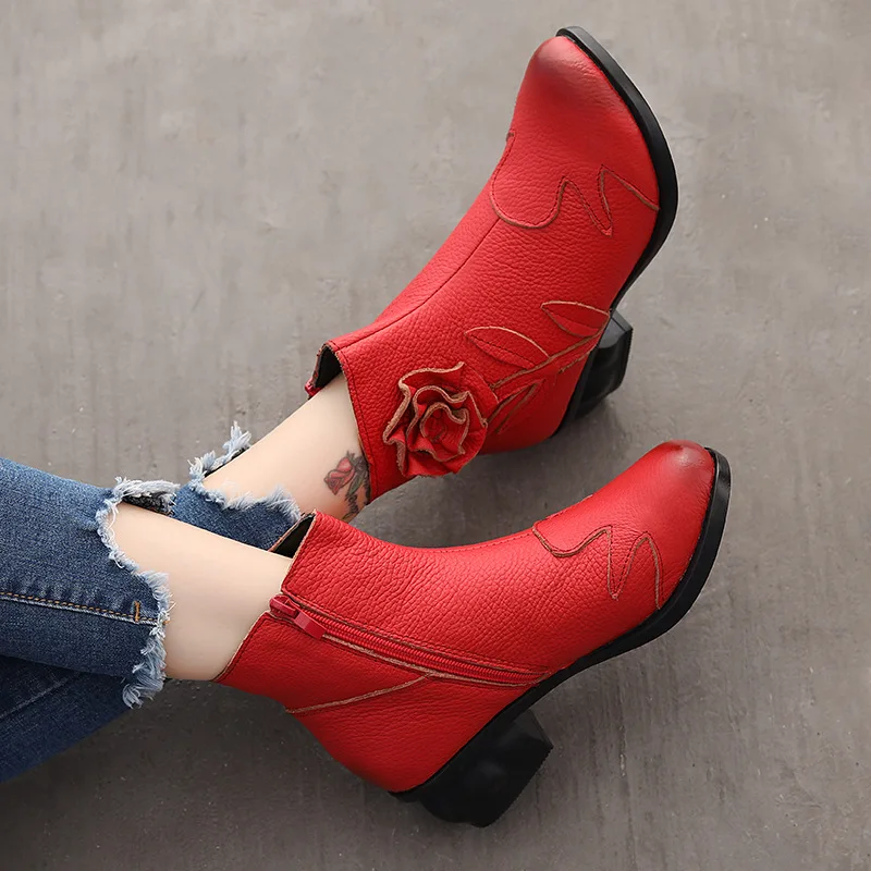 

2018 Autumn and Winter New Thick Leather National Style with Martin Boots Hand-stitching Flower Boots Women Boots