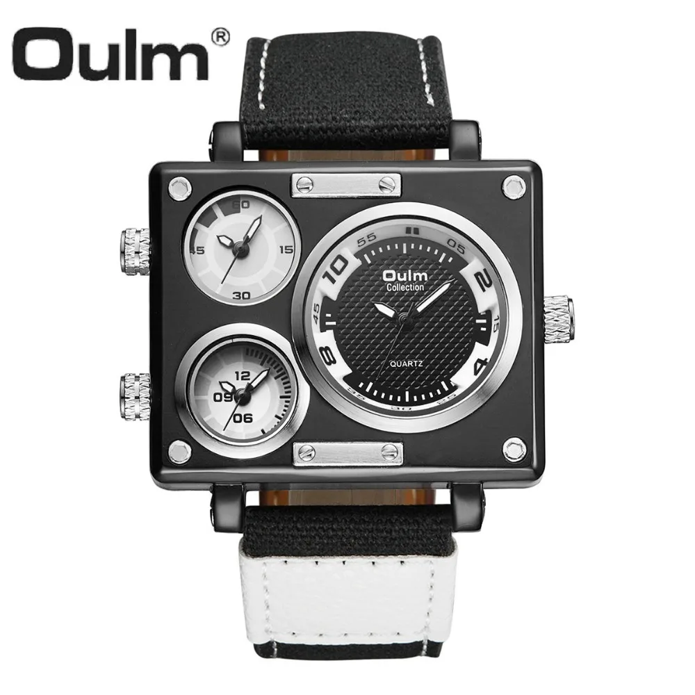 

OULM Military Square Big Dial Fashion Quartz Watch Men White 2 Time Zone Pilot Fashion Casual Creative Design Wrist Watches