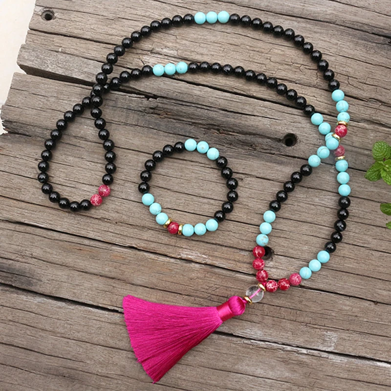 

8mm Natural Stone Beads,Onyx,Blue And Rose Red Turquoise,JapaMala Sets,Spiritual Jewelry,Meditation,Inspirational,108 Mala Beads