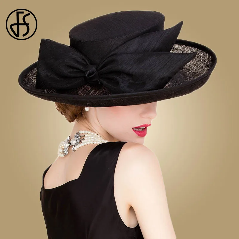FS Royal Black Fascinator Womens Sinamay White Church Hat Ladies Linen ...