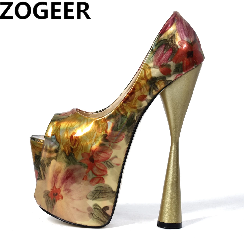 

Plus Size 47 Fashion Flower Women Pumps Peep Toe Platform 19cm Extreme High Heels Shoes Sexy Nightclub Evening Party Shoes Pink