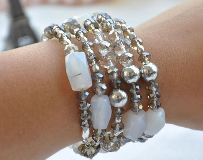 

free shipping 09377 5row faceted crystal smoky quartz white jade bracelet