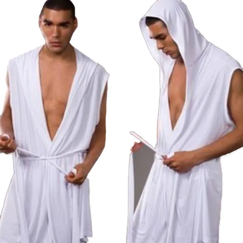 Мужские сексуальные пижамы без рукавов Халат с капюшоном халат повседневные пижамы мужские халаты удобный сексуальный домашний халат с нижним бельем - Цвет: White